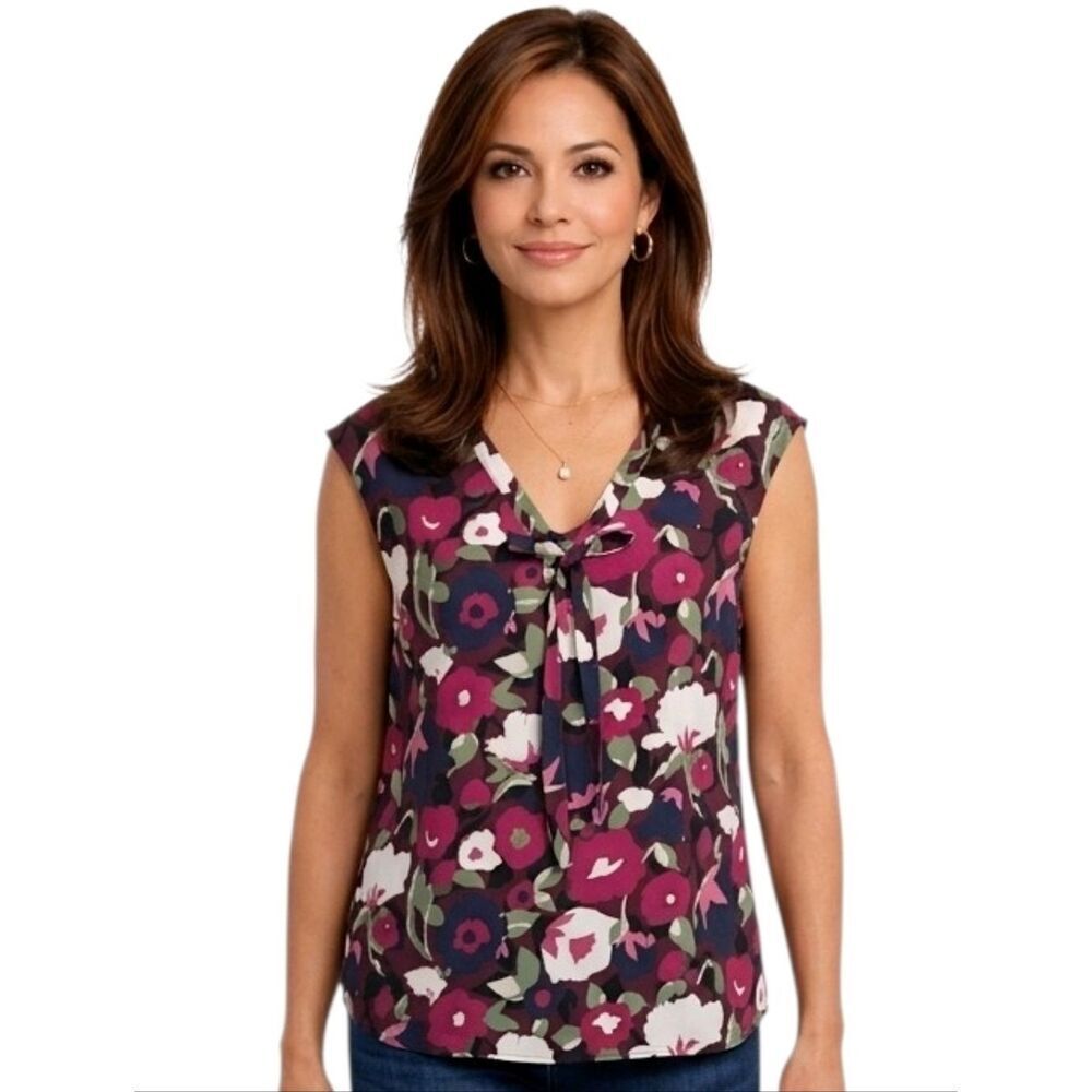 Merona Floral V-neck Tie Detail Sleeveless Blouse Size XL